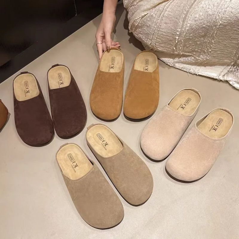 Brushed Leather Soft-soled  Women's Birken Slippers，New Spring  Lazy Baotou Half Slippers,Fashion Round Toe Shoes , Casual Cozy Retro Solid Color