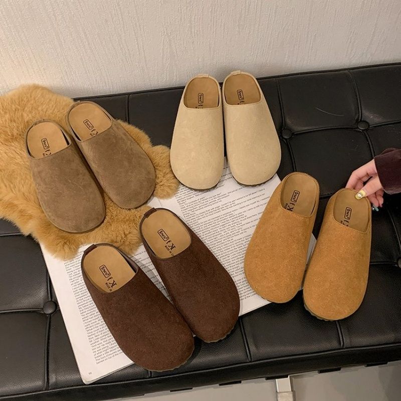 Brushed Leather Soft-soled  Women's Birken Slippers，New Spring  Lazy Baotou Half Slippers,Fashion Round Toe Shoes , Casual Cozy Retro Solid Color