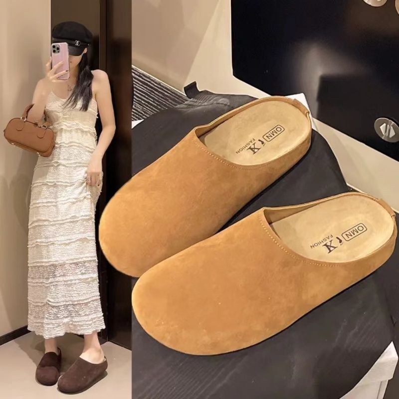 Brushed Leather Soft-soled  Women's Birken Slippers，New Spring  Lazy Baotou Half Slippers,Fashion Round Toe Shoes , Casual Cozy Retro Solid Color