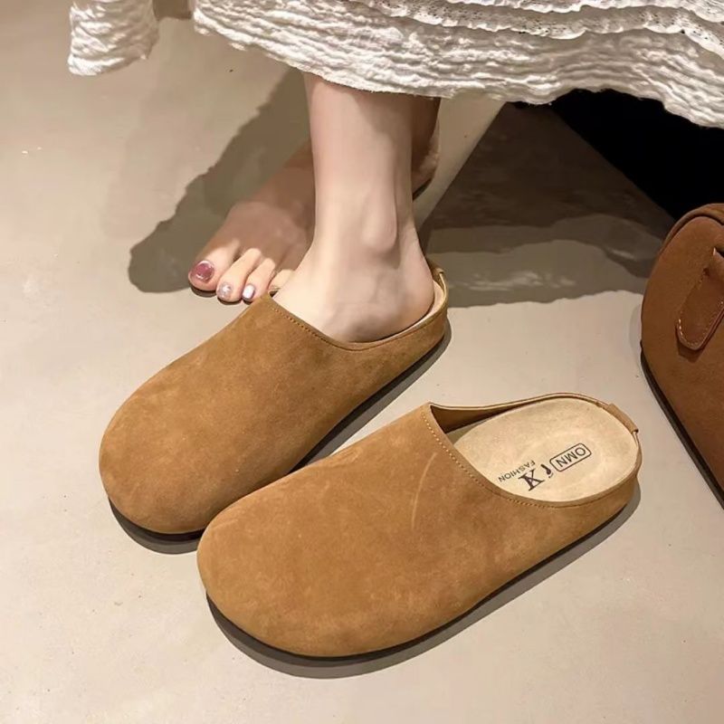 Brushed Leather Soft-soled  Women's Birken Slippers，New Spring  Lazy Baotou Half Slippers,Fashion Round Toe Shoes , Casual Cozy Retro Solid Color