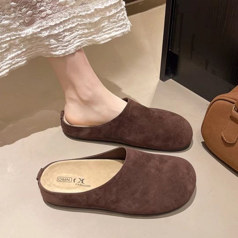 Brushed Leather Soft-soled  Women's Birken Slippers，New Spring  Lazy Baotou Half Slippers,Fashion Round Toe Shoes , Casual Cozy Retro Solid Color