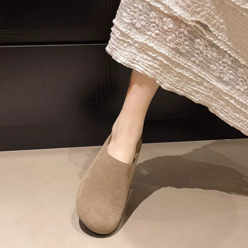 Brushed Leather Soft-soled  Women's Birken Slippers，New Spring  Lazy Baotou Half Slippers,Fashion Round Toe Shoes , Casual Cozy Retro Solid Color