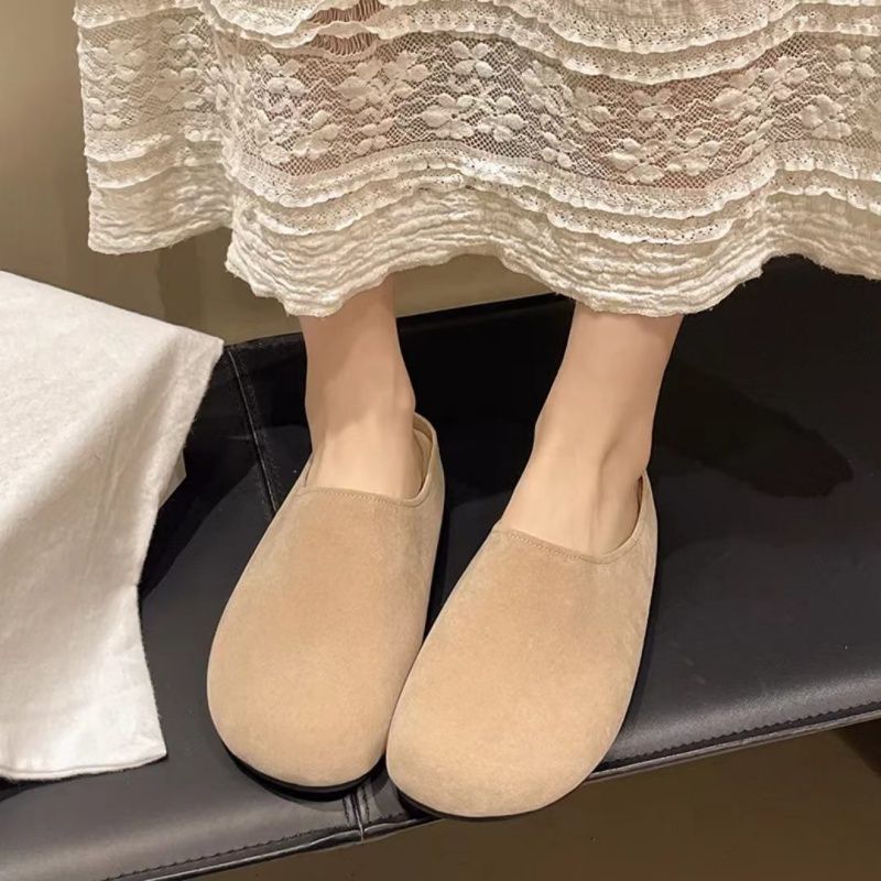 Brushed Leather Soft-soled  Women's Birken Slippers，New Spring  Lazy Baotou Half Slippers,Fashion Round Toe Shoes , Casual Cozy Retro Solid Color