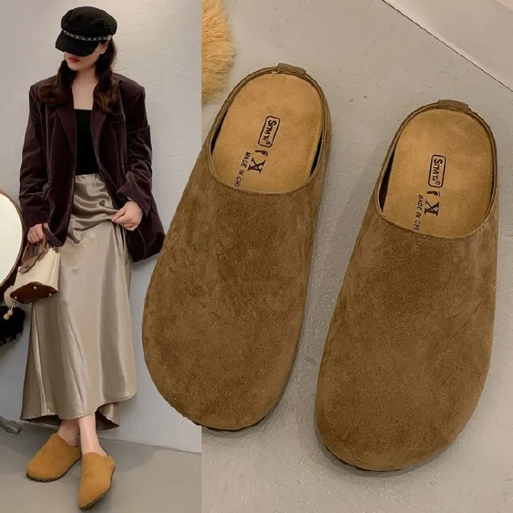 Brushed Leather Soft-soled  Women's Birken Slippers，New Spring  Lazy Baotou Half Slippers,Fashion Round Toe Shoes , Casual Cozy Retro Solid Color