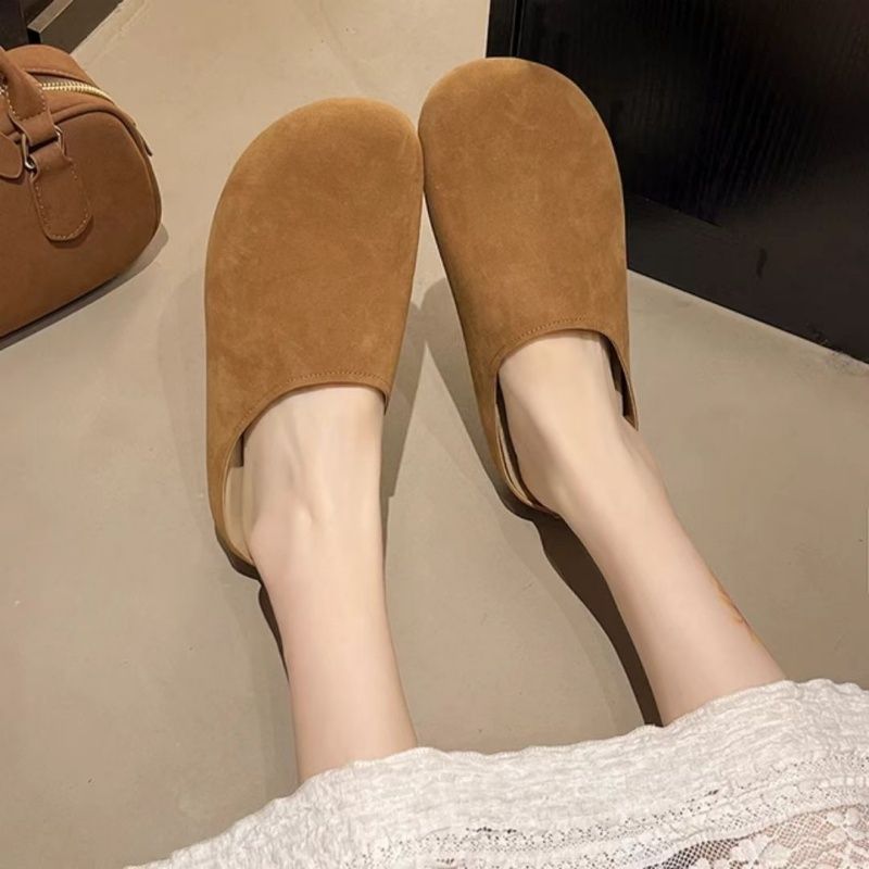 Brushed Leather Soft-soled  Women's Birken Slippers，New Spring  Lazy Baotou Half Slippers,Fashion Round Toe Shoes , Casual Cozy Retro Solid Color
