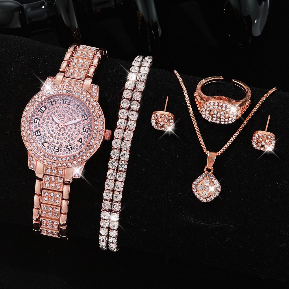 6PCS Women Watch Luxury Elegant Alloy Clock Crystal Wristwatch Ladies Gift Quartz Watch Rhinestone Necklace Earrings Bracelet Set No Box