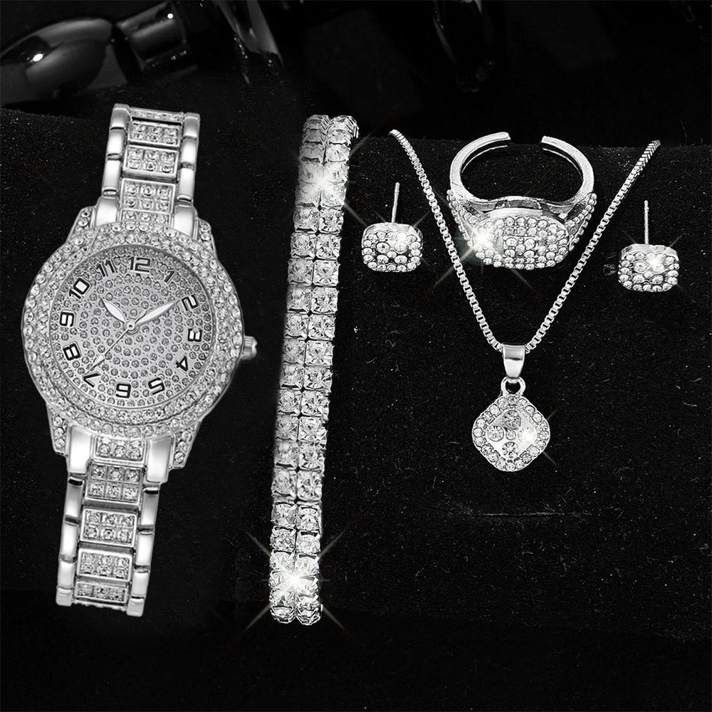 6PCS Women Watch Luxury Elegant Alloy Clock Crystal Wristwatch Ladies Gift Quartz Watch Rhinestone Necklace Earrings Bracelet Set No Box