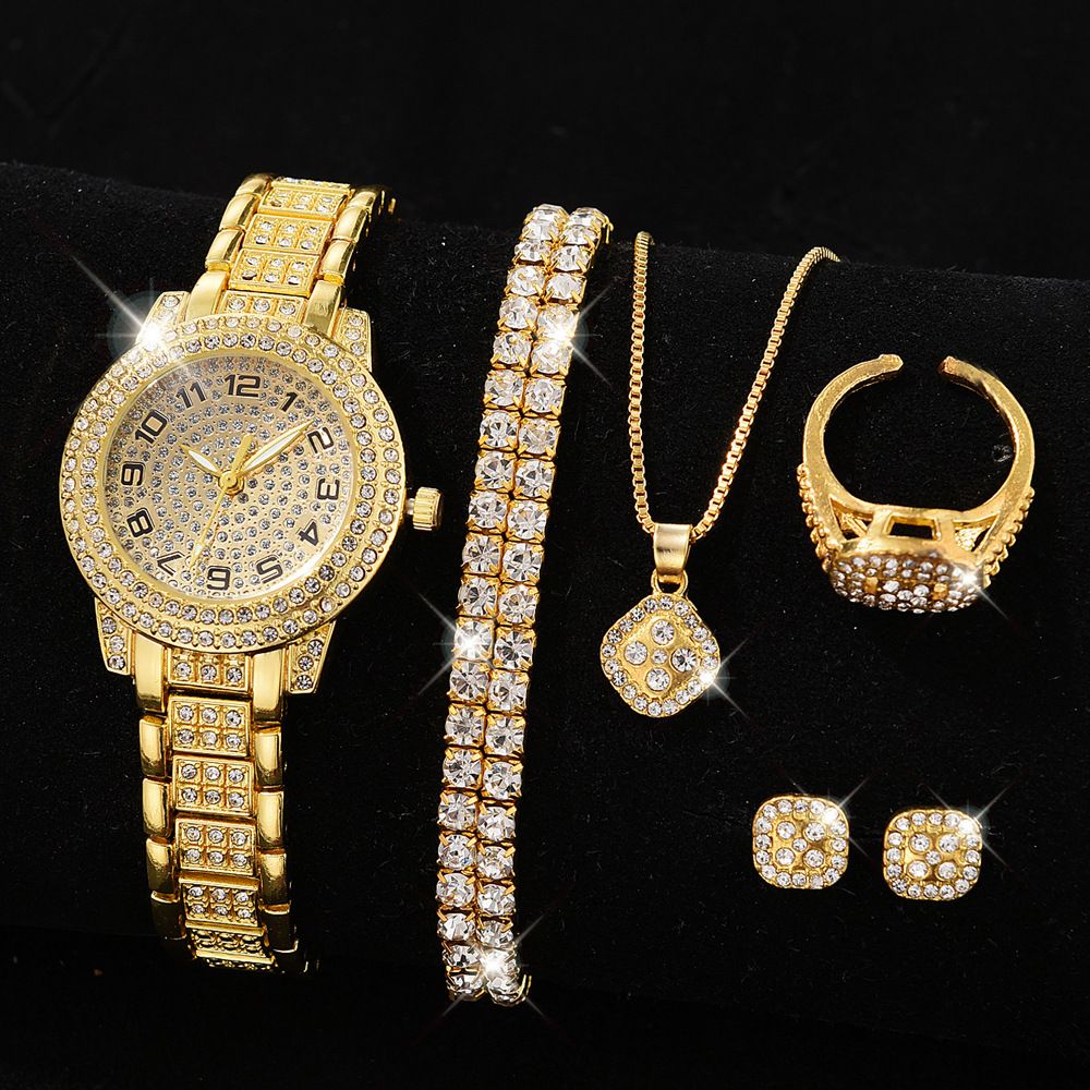 6PCS Women Watch Luxury Elegant Alloy Clock Crystal Wristwatch Ladies Gift Quartz Watch Rhinestone Necklace Earrings Bracelet Set No Box