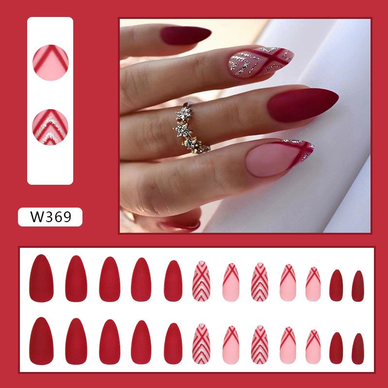 Wine red fake nail Almond nail drop nail Solid color nail nail patch Nail patch foreign trade nail 30 pieces W369 Frosted red diamond