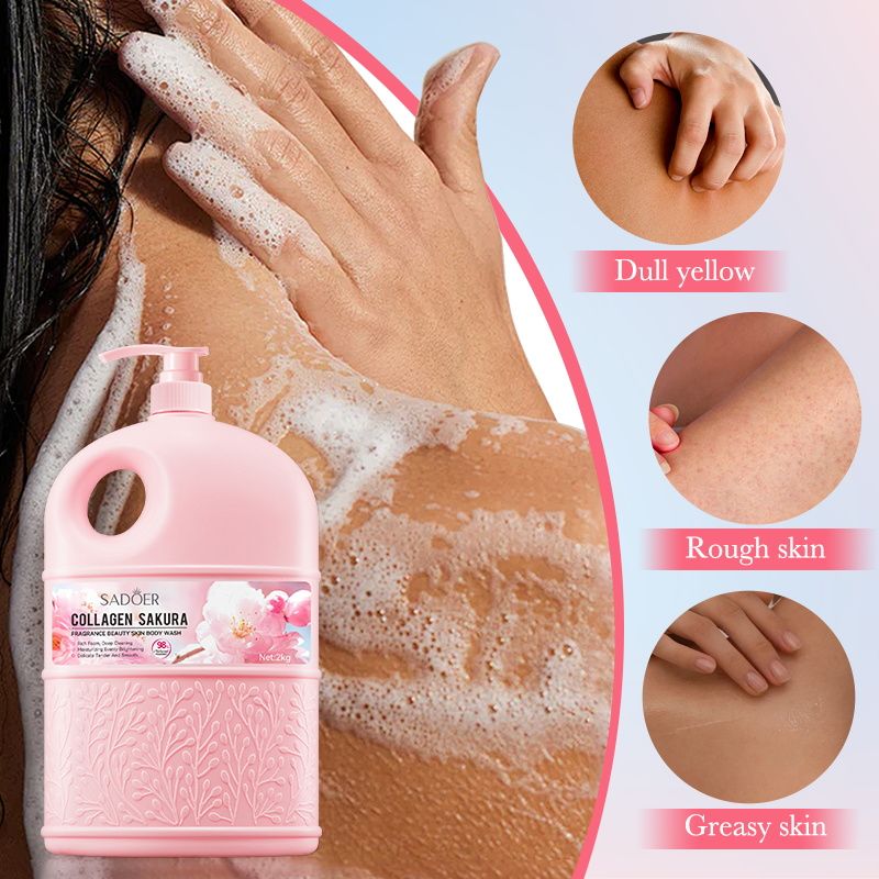 SADOER 2000ml Family Size Body Wash Daily Use with Natural Cherry Blossom Fragrance Collagen for Deep Cleansing Lasting Aroma Gentle for All Skin Types
