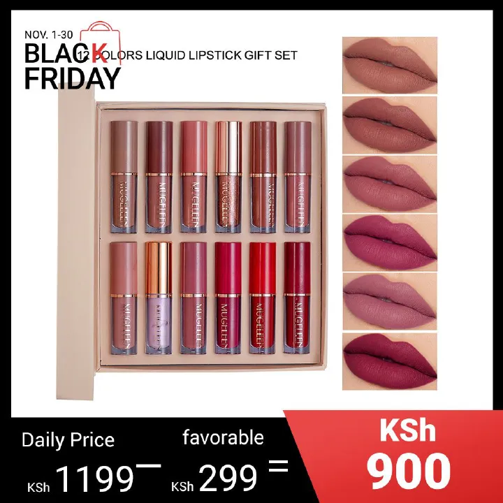 Luxury 12-Color Matte Liquid Lipstick Set with Lip Glosses - Long-Lasting, Moisturizing, Smudge-Proof & Waterproof. Beautiful Book-Style Gift Box Containing 2.5ml of Each Shade (Total 12 pcs)