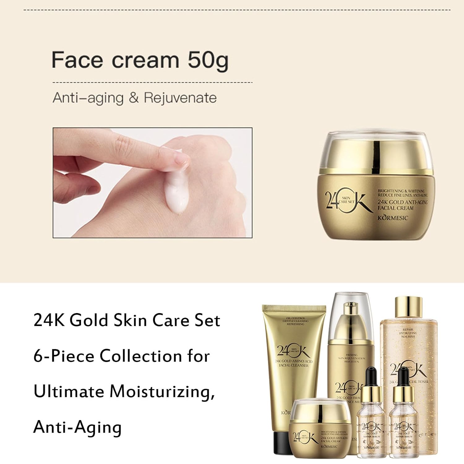 KORMESIC Elite 24K Gold Luxury Skincare Set: 6-Piece Anti-Aging Regimen with Gold Foil Serum & Cream - Firming, Lifting & Rejuvenating Collection for Tight, Smooth Skin