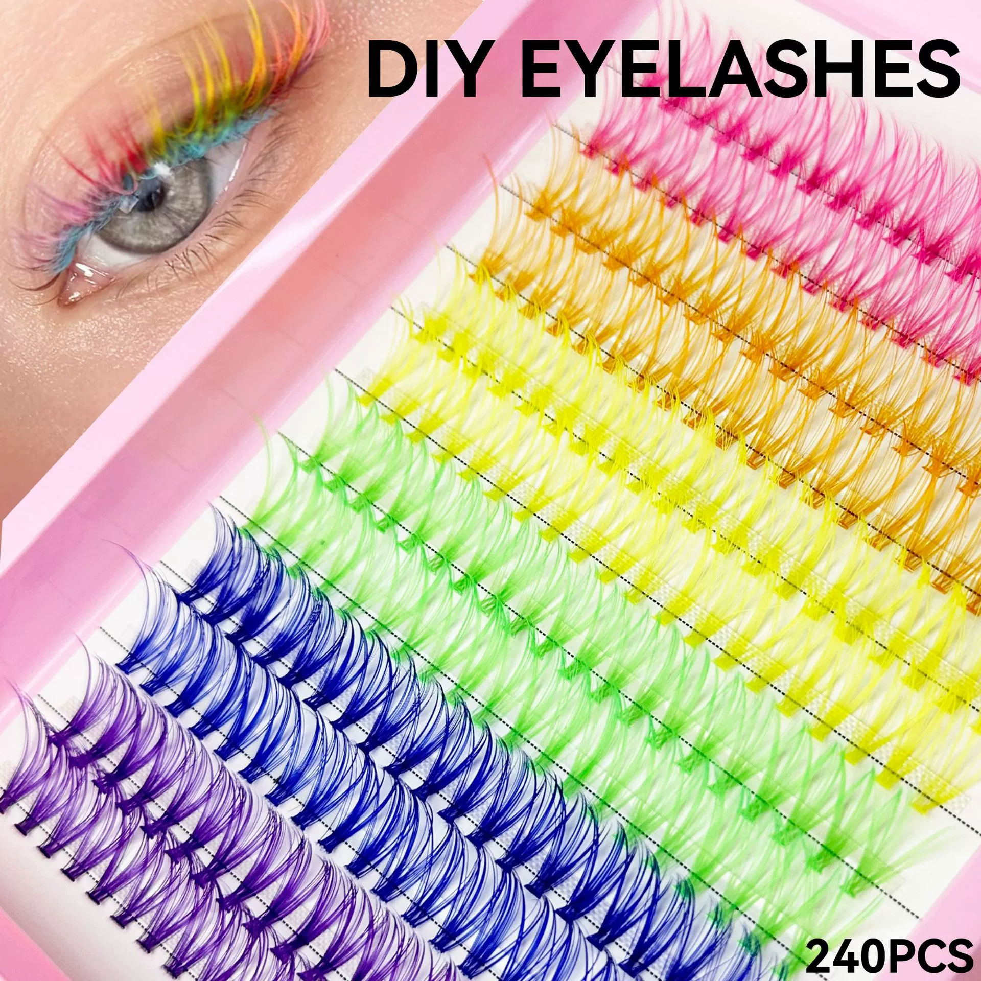 Colored eyelash clusters, 240 pieces of colored eyelashes, easy-to-use colored eyelashes, suitable for women, girls can DIY at home, makeup (multi-color, 14/16 mm)