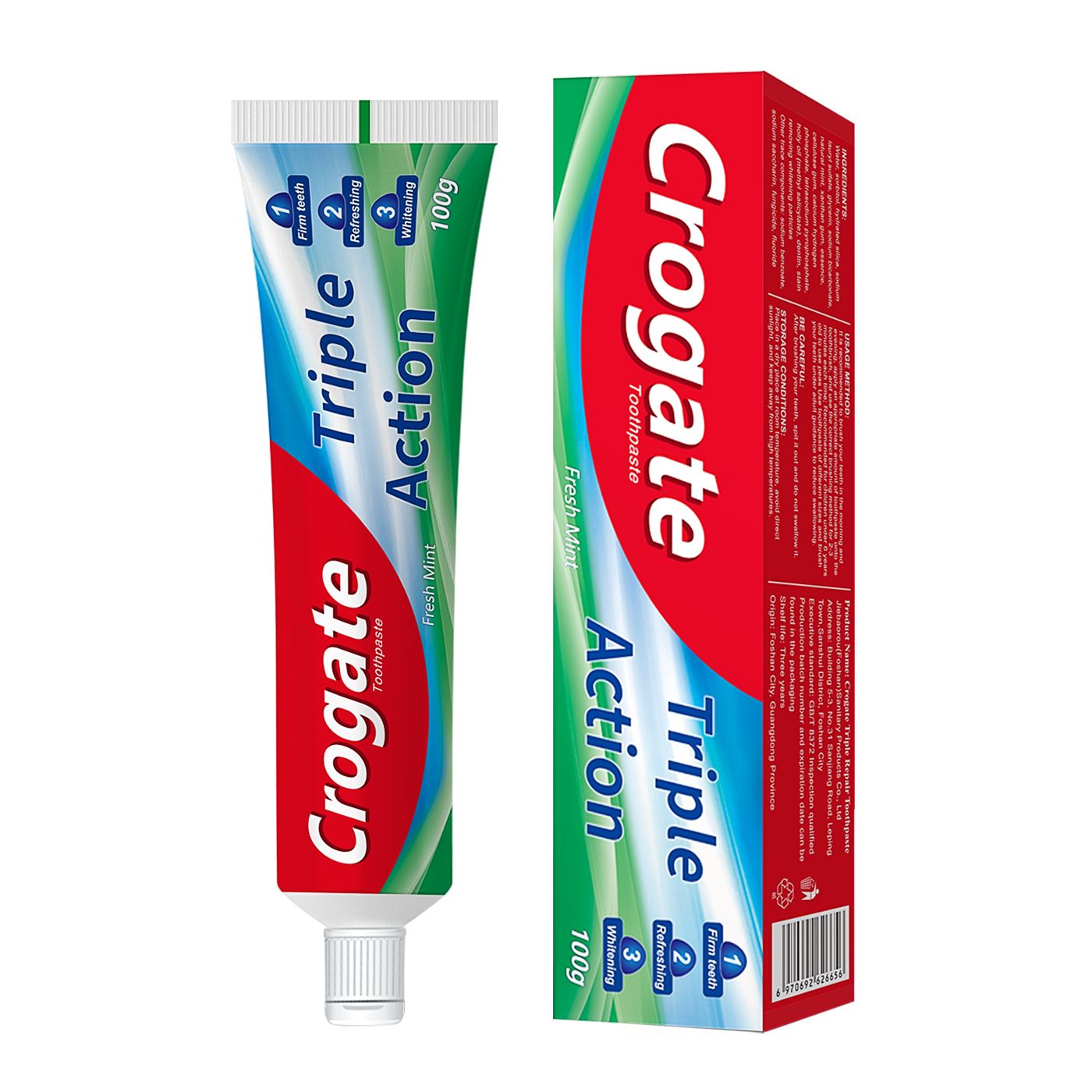 Crogate Mint Toothpaste for Fresh Breath - Triple Color100g & White Options150g, Enamel Strengthening, Plaque Removal Daily Oral Care Strengthen Enamel & Fight Cavities