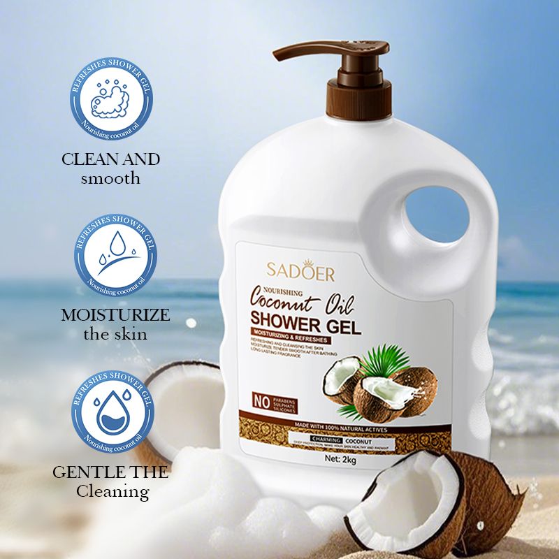 2000ml SADOER Coconut Oil Moisturizing Body Wash 2kg - Large Capacity Shower Gel for Family Use