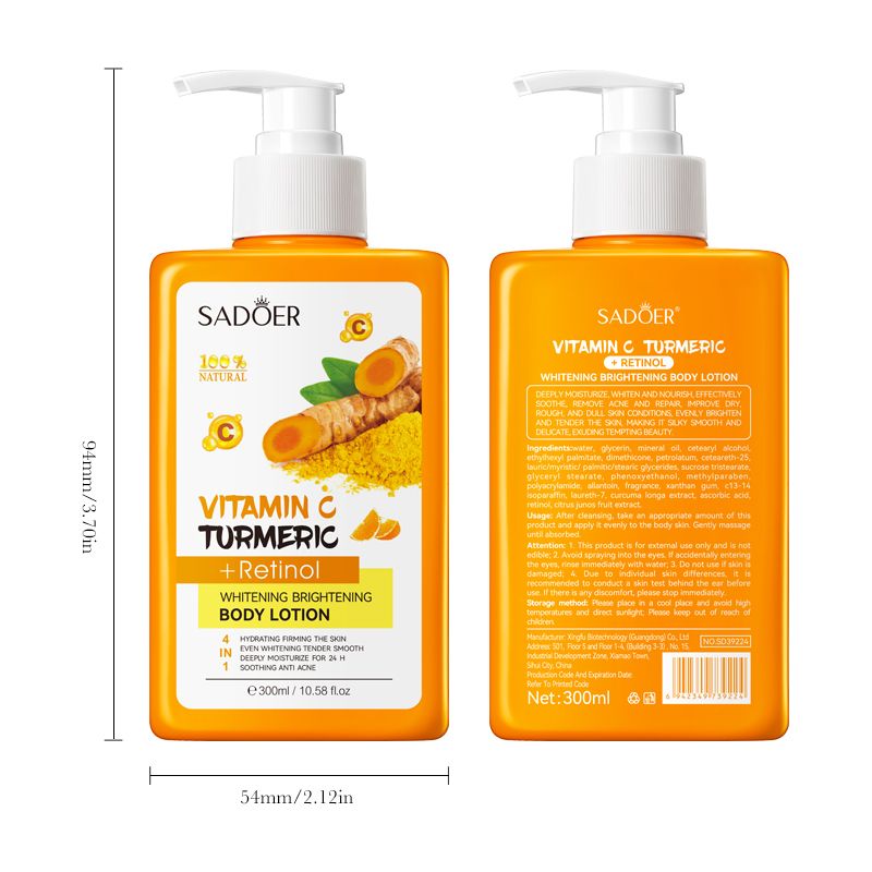 SADOER Vitamin C, Turmeric & Retinol Whitening Body Lotion - Brightens Skin Tone, Improves Dullness & Uneven Texture, Deeply Moisturizes for Soft, Smooth Glow