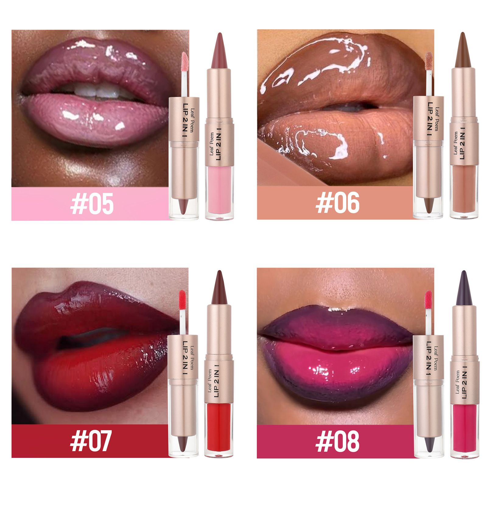 Leaf Poem 2-in-1 Lipstick Matte Lip Liner & Mirror Lip Gloss Duo – Double-Ended Lip Pencil + High-Shine Lip Gloss, Long-Lasting 2-in-1 Lip Makeup Non-drying light and bright lip gloss