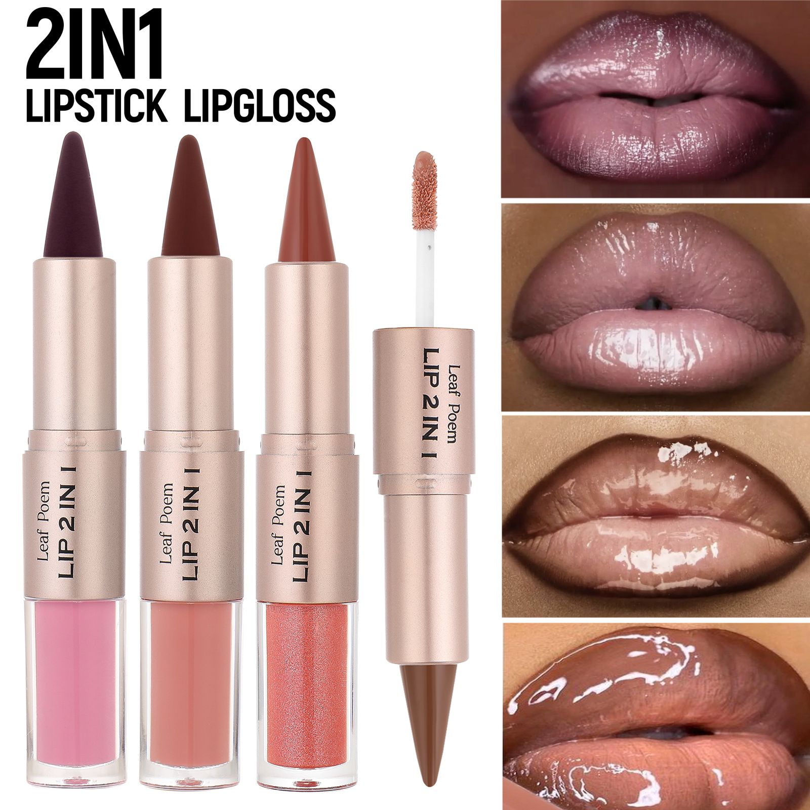 Leaf Poem 2-in-1 Lipstick Matte Lip Liner & Mirror Lip Gloss Duo – Double-Ended Lip Pencil + High-Shine Lip Gloss, Long-Lasting 2-in-1 Lip Makeup Non-drying light and bright lip gloss
