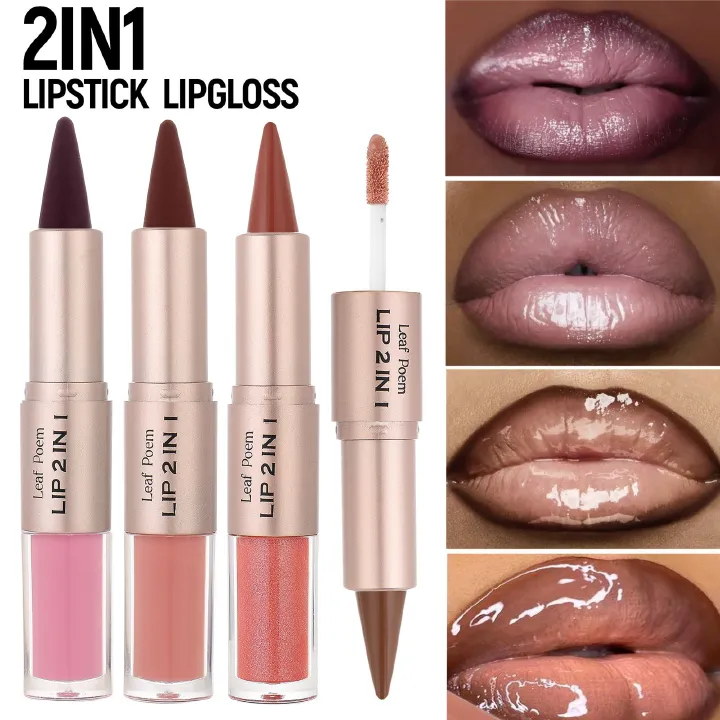 Leaf Poem 2-in-1 Lipstick Matte Lip Liner & Mirror Lip Gloss Duo – Double-Ended Lip Pencil + High-Shine Lip Gloss, Long-Lasting 2-in-1 Lip Makeup Non-drying light and bright lip gloss