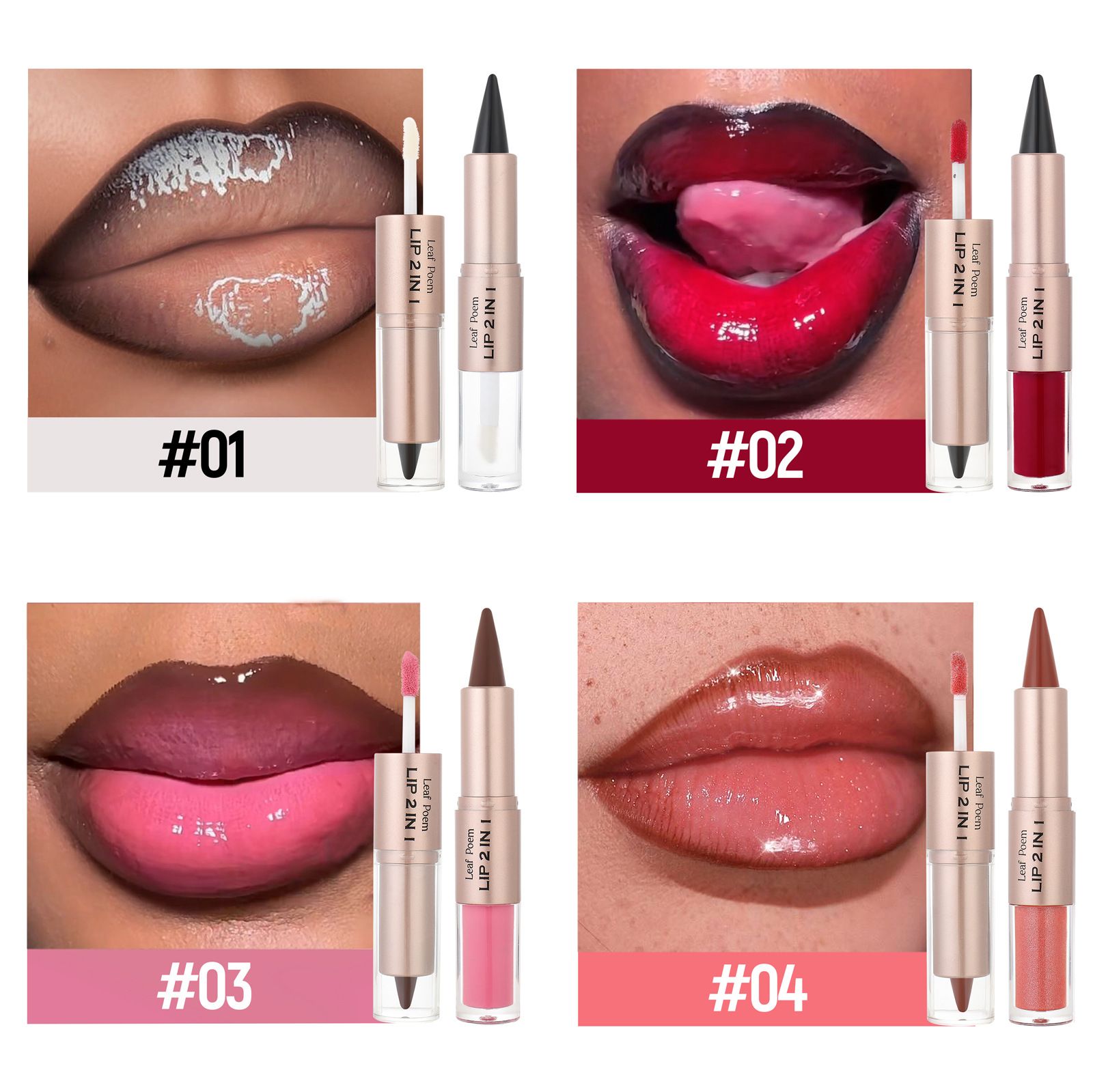 Leaf Poem 2-in-1 Lipstick Matte Lip Liner & Mirror Lip Gloss Duo – Double-Ended Lip Pencil + High-Shine Lip Gloss, Long-Lasting 2-in-1 Lip Makeup Non-drying light and bright lip gloss