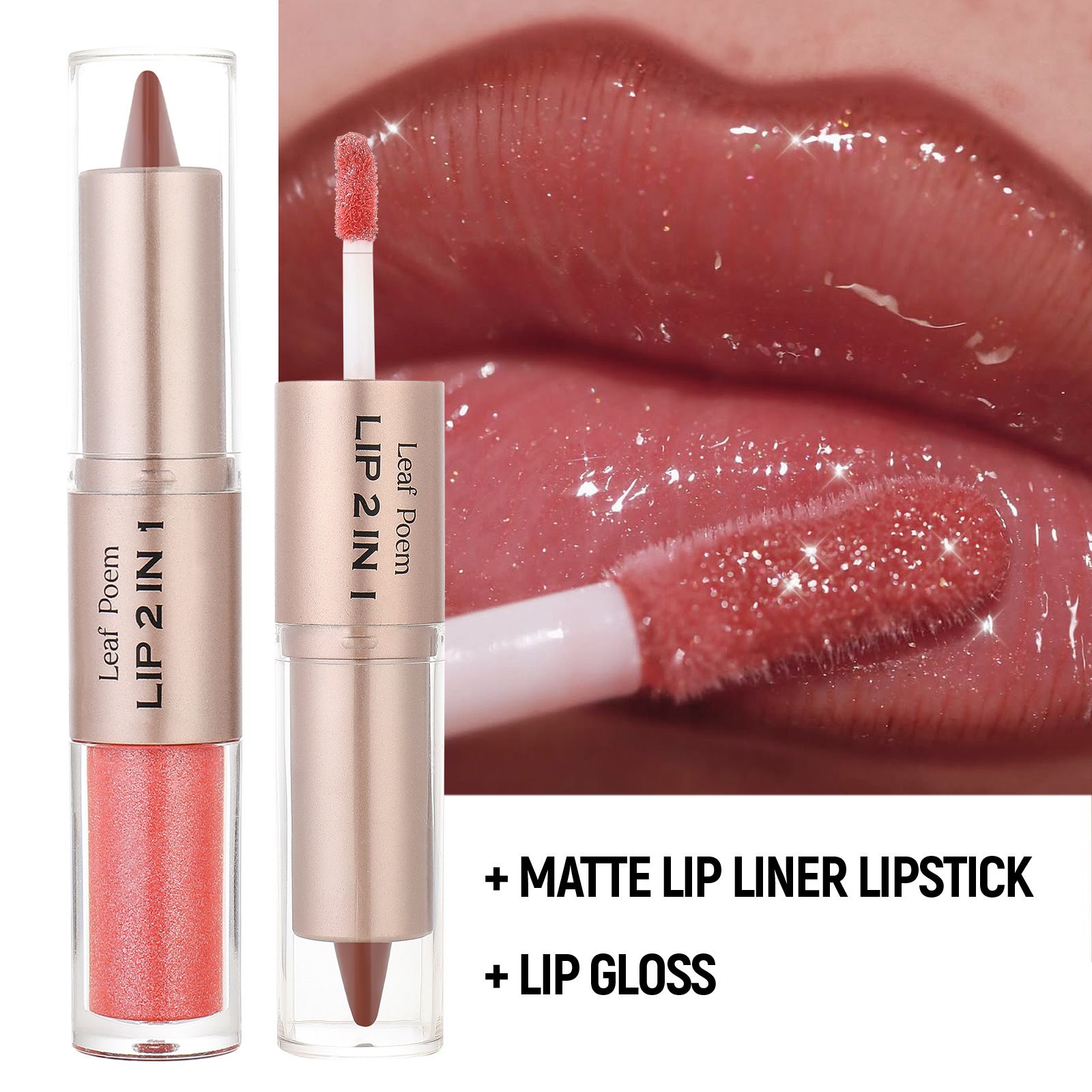 Leaf Poem 2-in-1 Lipstick Matte Lip Liner & Mirror Lip Gloss Duo – Double-Ended Lip Pencil + High-Shine Lip Gloss, Long-Lasting 2-in-1 Lip Makeup Non-drying light and bright lip gloss