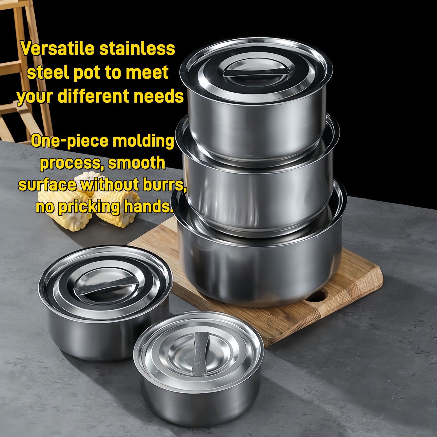 TikTok Recommended 5PCS Deep Stainless Steel Sufuria Set with Lids – All Stove Compatible, Multi‑Use for Cooking, Steaming & Storage