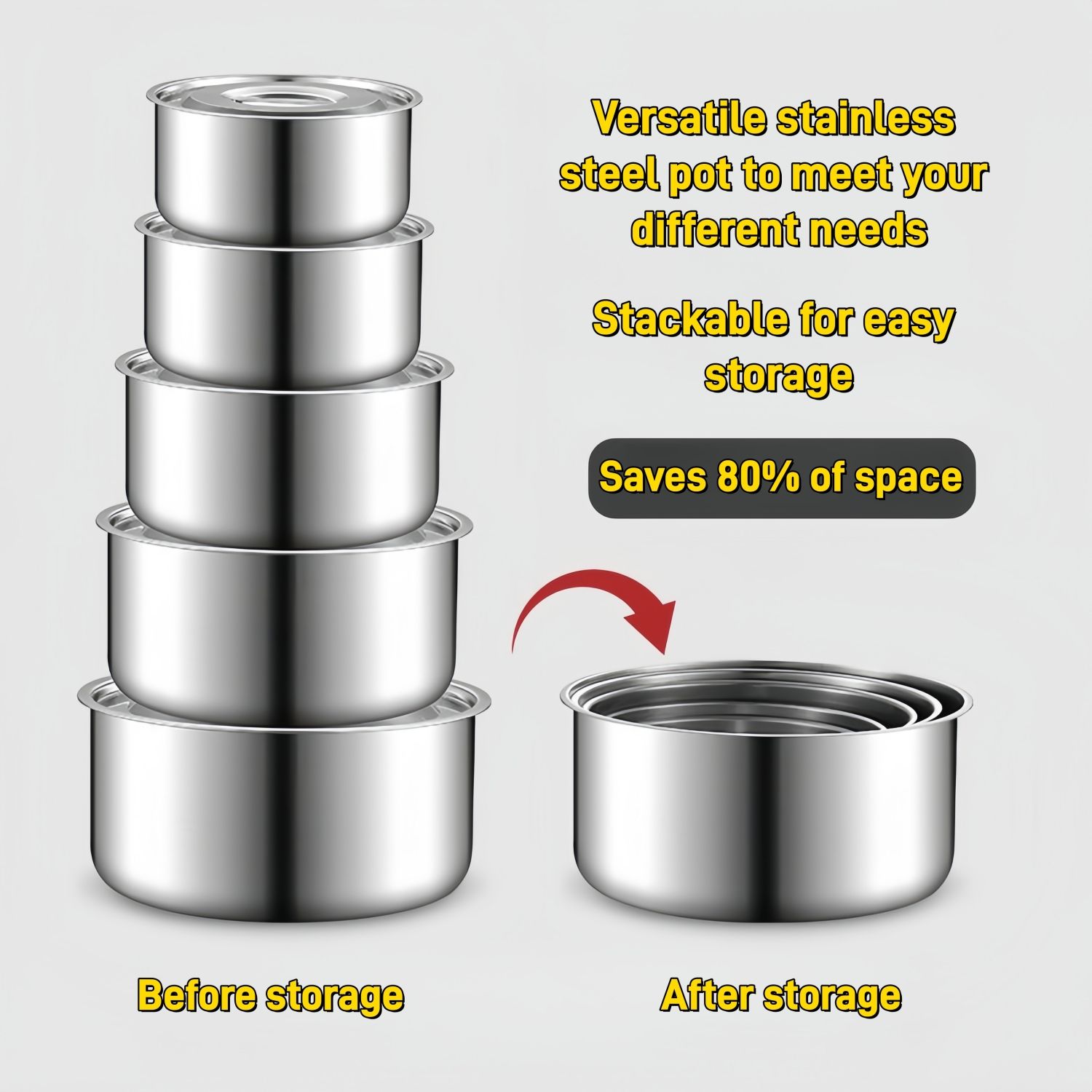 TikTok Recommended 5PCS Deep Stainless Steel Sufuria Set with Lids – All Stove Compatible, Multi‑Use for Cooking, Steaming & Storage