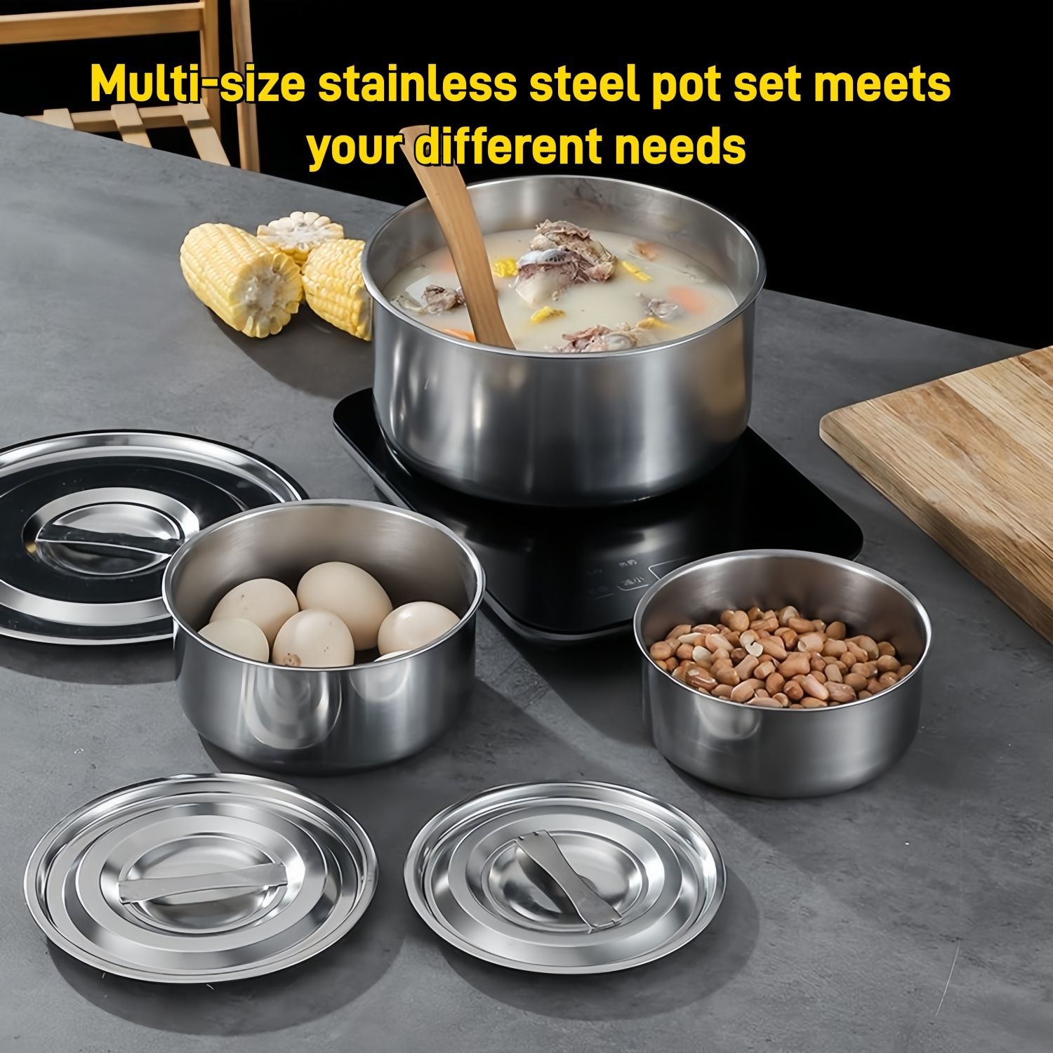 TikTok Recommended 5PCS Deep Stainless Steel Sufuria Set with Lids – All Stove Compatible, Multi‑Use for Cooking, Steaming & Storage