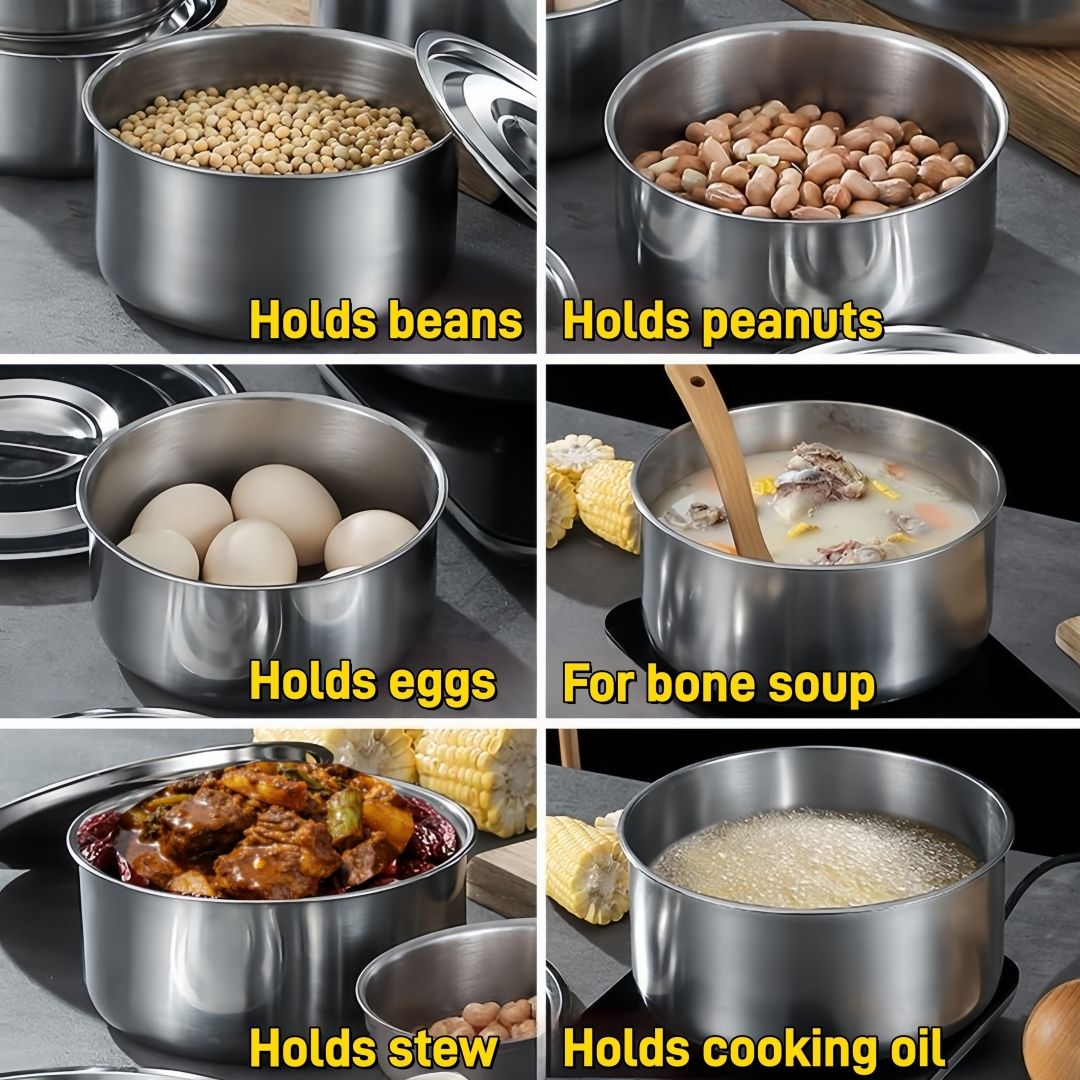 TikTok Recommended 5PCS Deep Stainless Steel Sufuria Set with Lids – All Stove Compatible, Multi‑Use for Cooking, Steaming & Storage