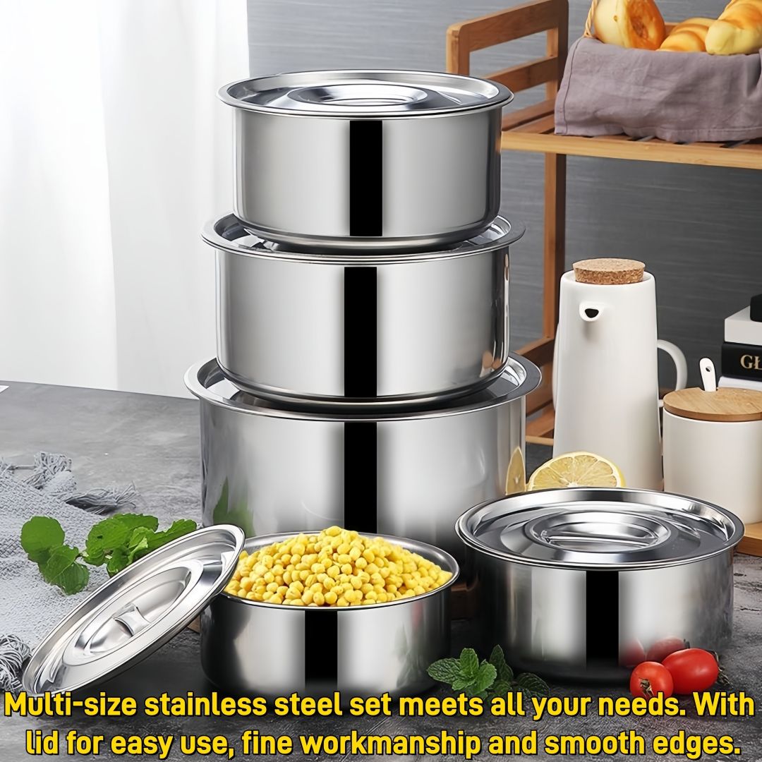 TikTok Recommended 5PCS Deep Stainless Steel Sufuria Set with Lids – All Stove Compatible, Multi‑Use for Cooking, Steaming & Storage