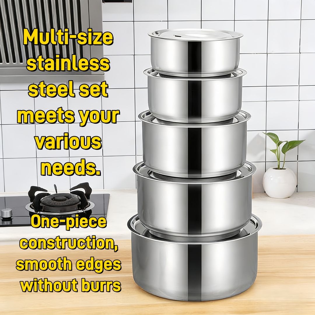 TikTok Recommended 5PCS Deep Stainless Steel Sufuria Set with Lids – All Stove Compatible, Multi‑Use for Cooking, Steaming & Storage