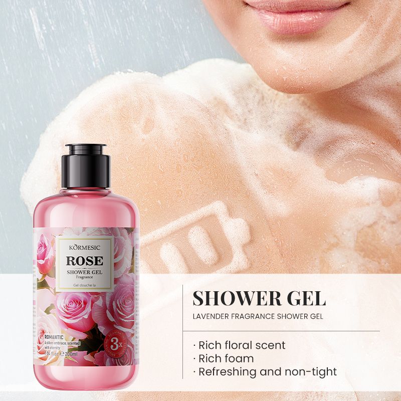 KORMESIC Rose Fragrance Shower Gel is a moisturizing and hydrating product with floral fragrance that retains scent for a long time.