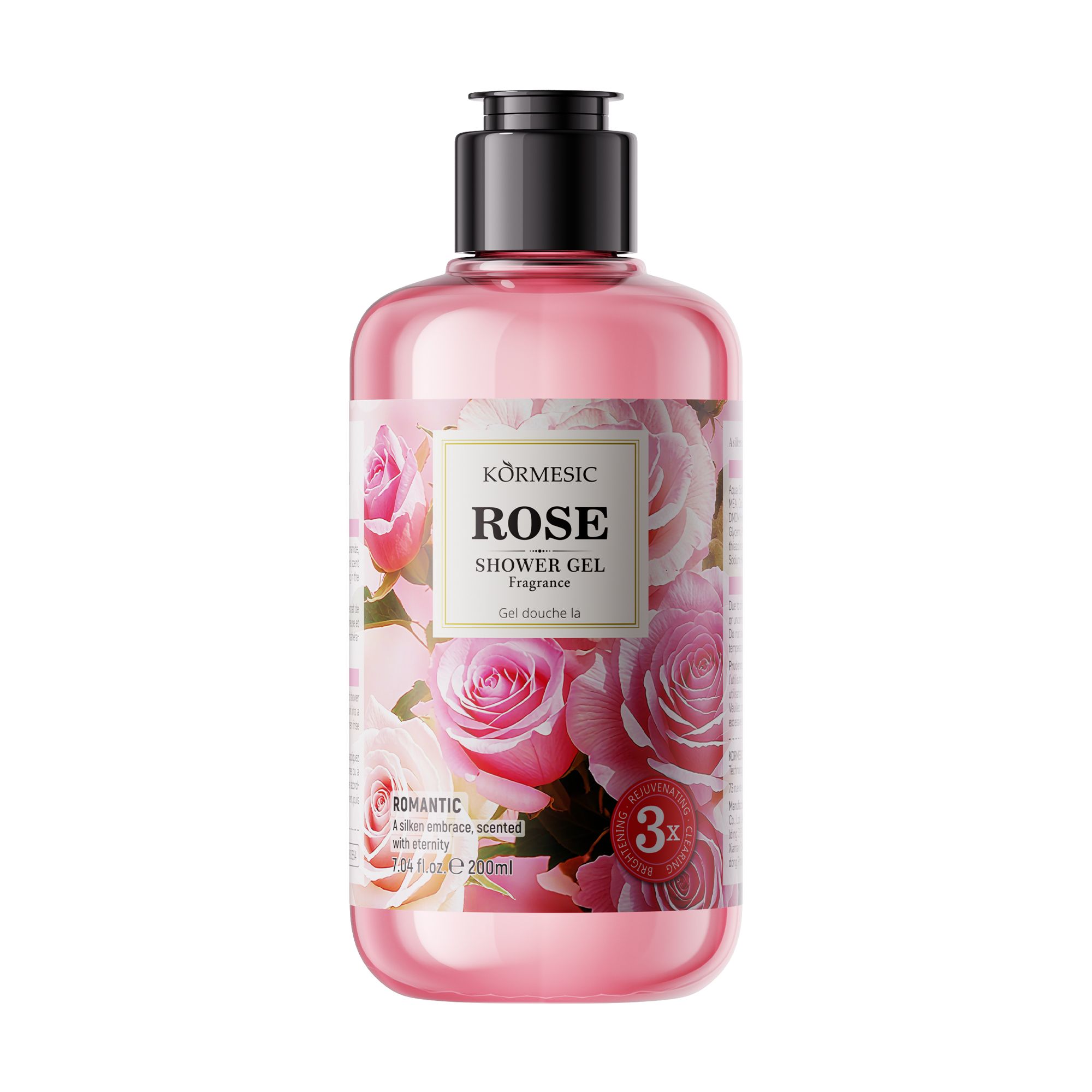KORMESIC Rose Fragrance Shower Gel is a moisturizing and hydrating product with floral fragrance that retains scent for a long time.