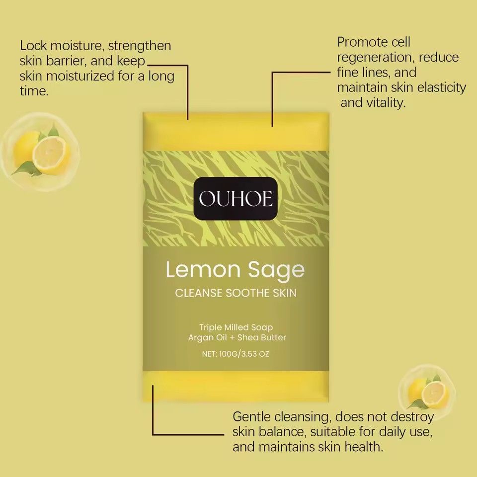 Body Cleansing Soap Bar Moisturizing Brightening Tighten Pore Smooth Lightening Glowing Skin Oil Control Natural Lemon Sage Soap