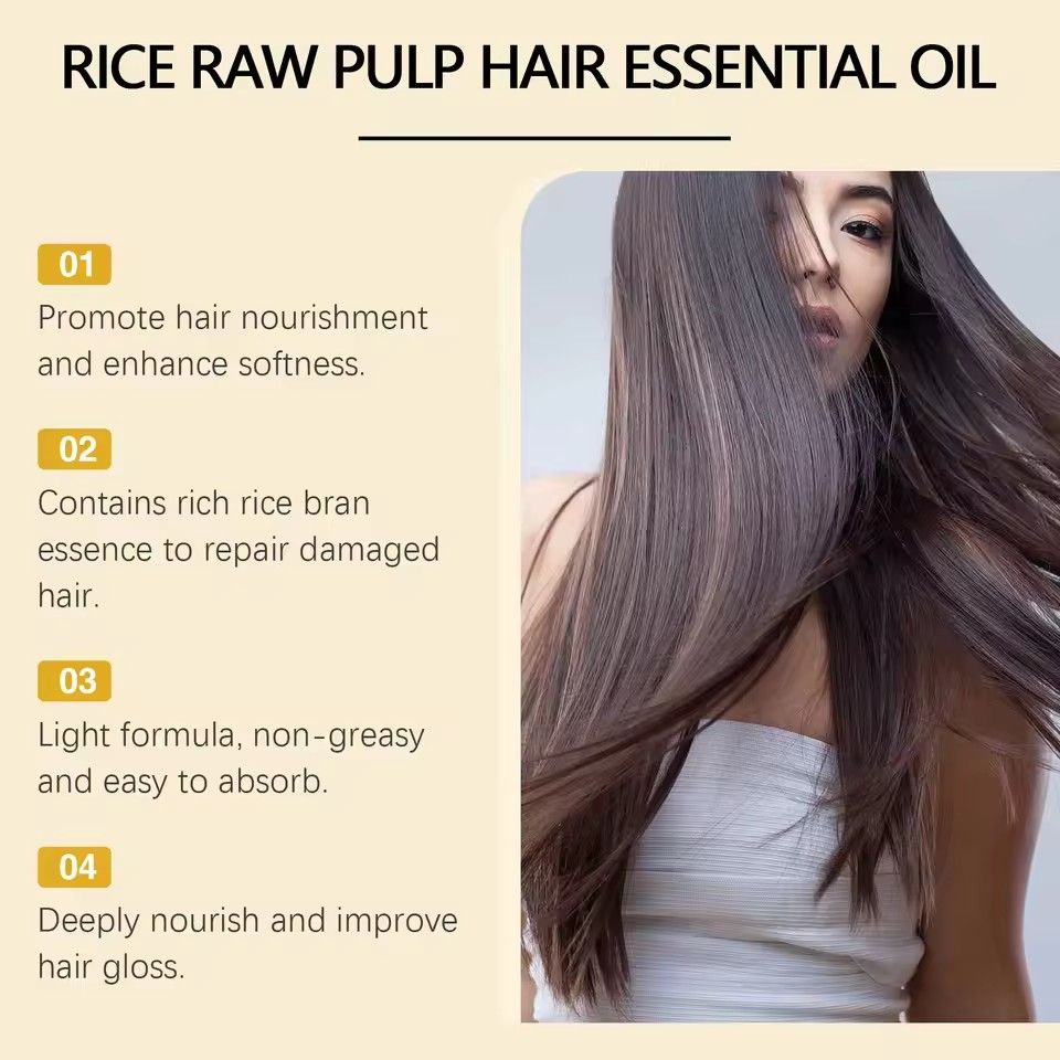 Hair Care Essential Oil Improve Dry Curly Repair Damaged Anti-Frizz Moisturizing Smooth Nourishing Fluffy Rice Raw Pulp Hair Oil