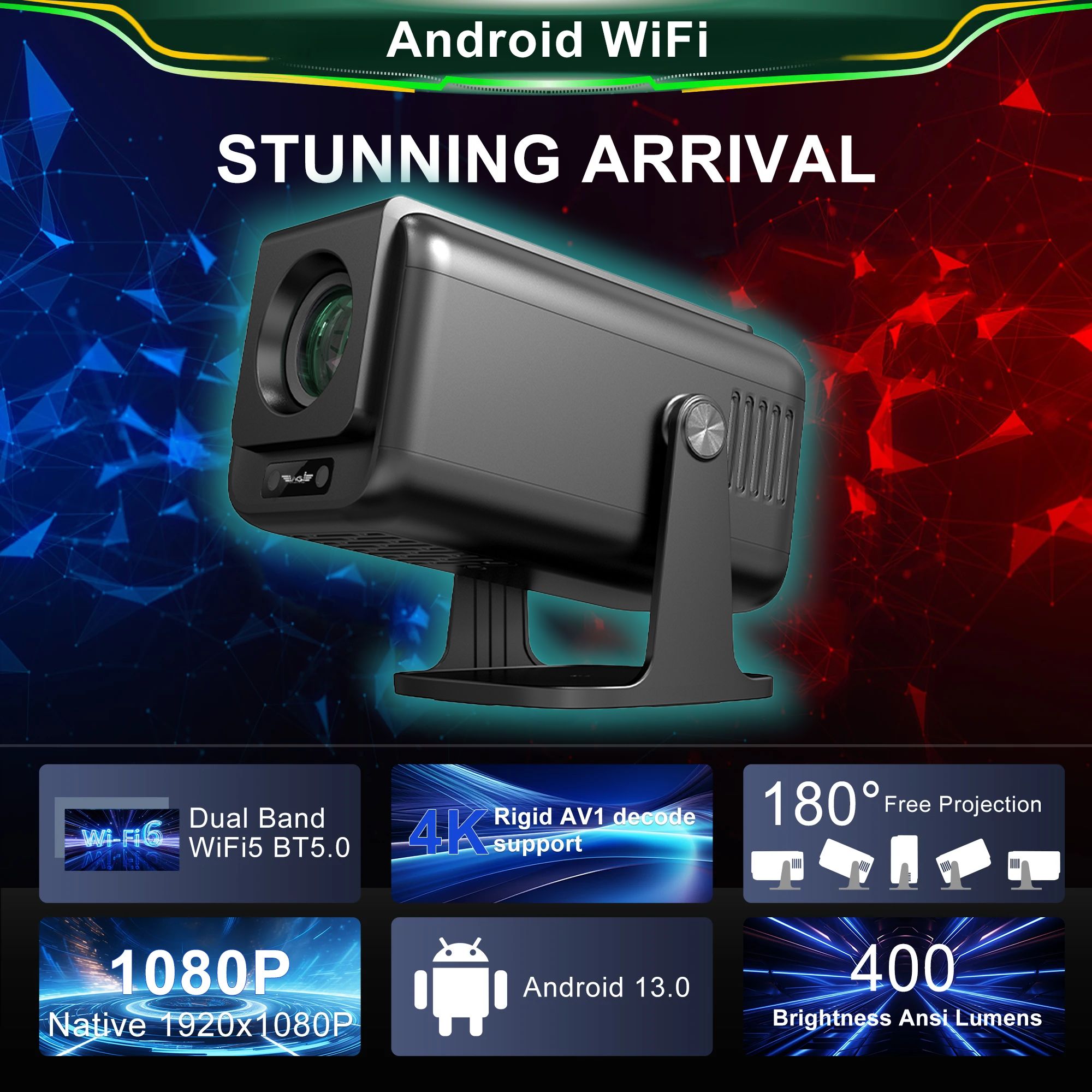 Eagle Shadow New Coming Big Discount V1 Projector Upgrade 4K Android 13 Cortex-A53 WiFi 6 BT 5.0 Home Outdoor Portable Projector 300 ANSI High Brightness Native 1920*1080P Projector