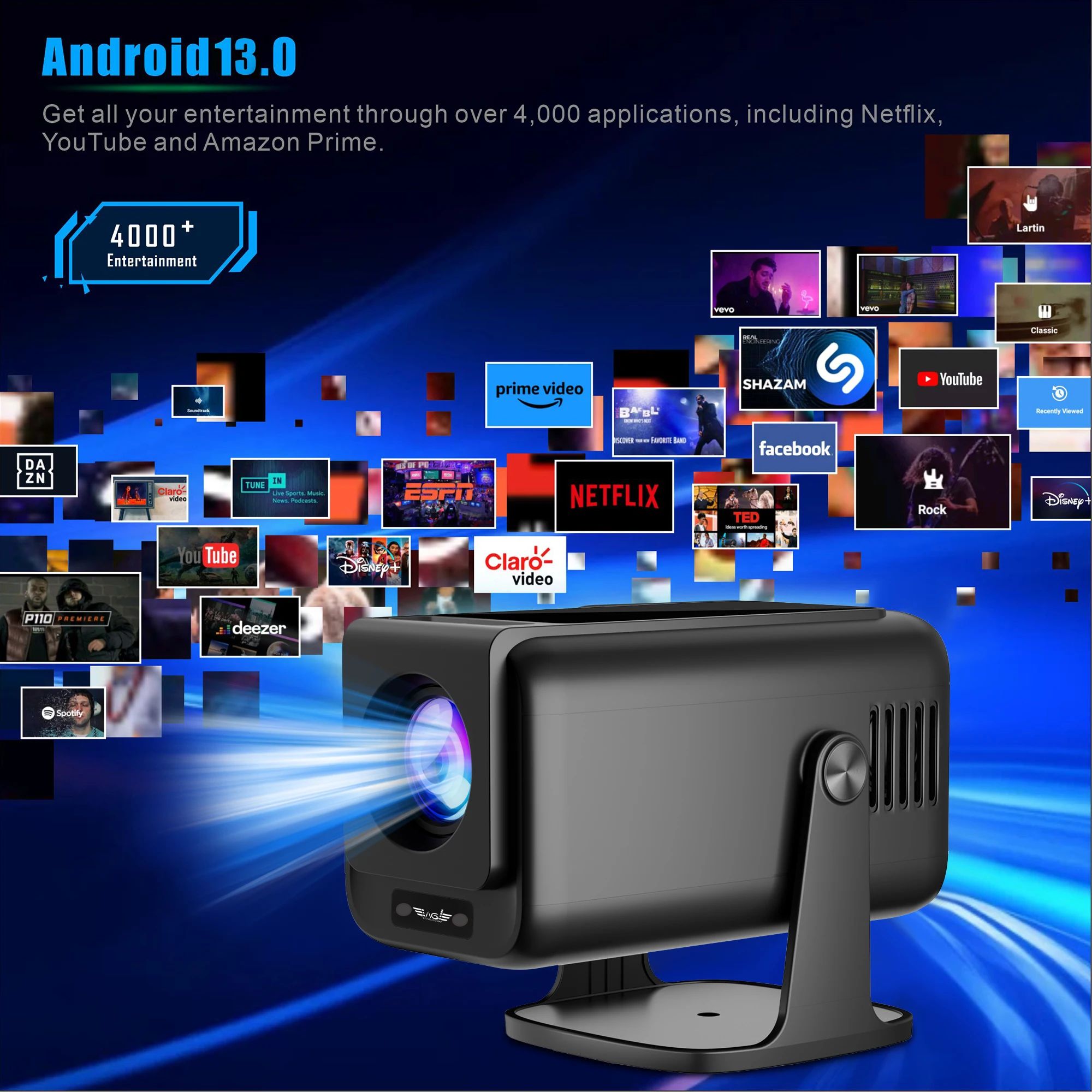 Eagle Shadow New Coming Big Discount V1 Projector Upgrade 4K Android 13 Cortex-A53 WiFi 6 BT 5.0 Home Outdoor Portable Projector 300 ANSI High Brightness Native 1920*1080P Projector