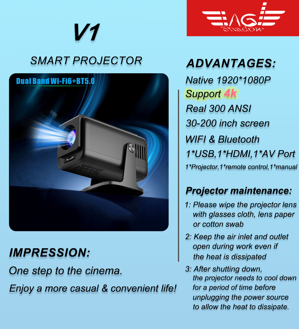 Eagle Shadow New Coming Big Discount V1 Projector Upgrade 4K Android 13 Cortex-A53 WiFi 6 BT 5.0 Home Outdoor Portable Projector 300 ANSI High Brightness Native 1920*1080P Projector