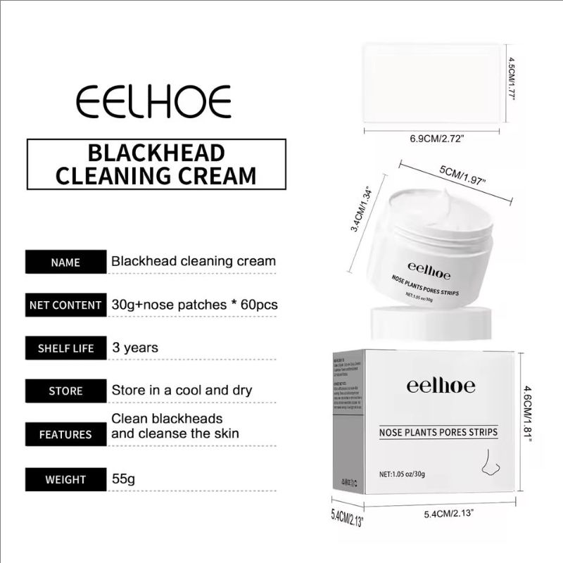 Eelhoe 30g+60pcs Blackhead Remove Cream Nose Oil Control Shrink Pores Remove Acne Pimple Peel Off Mud Repair Pores Nose Mask