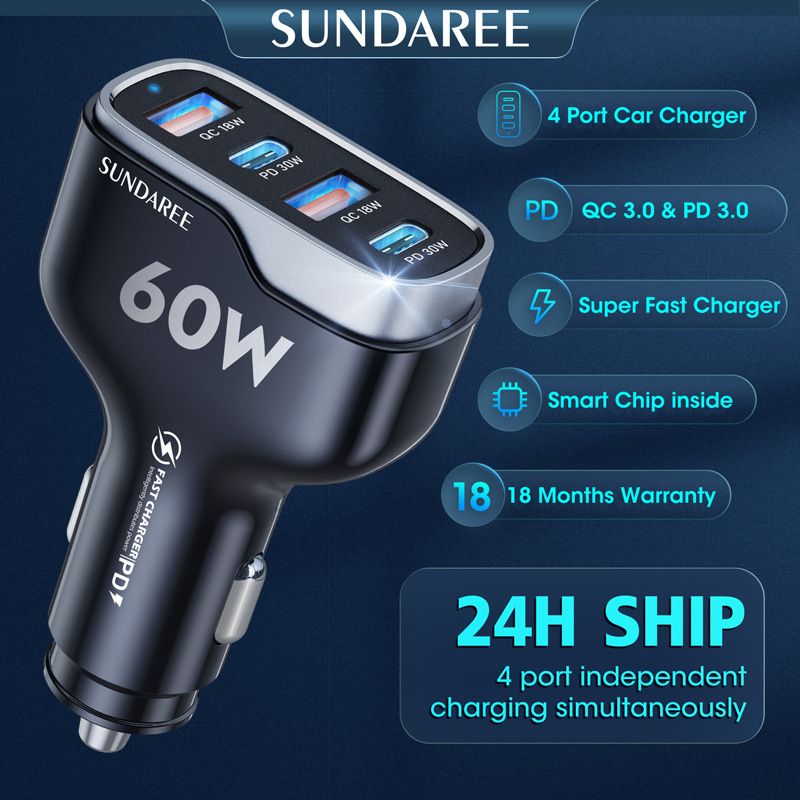 60W car charger, fast charging, dual PD30W+dual QC3.018W car charger, USB car charger.