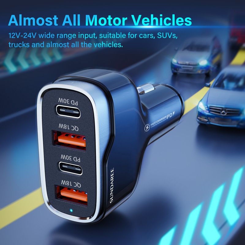 60W car charger, fast charging, dual PD30W+dual QC3.018W car charger, USB car charger.