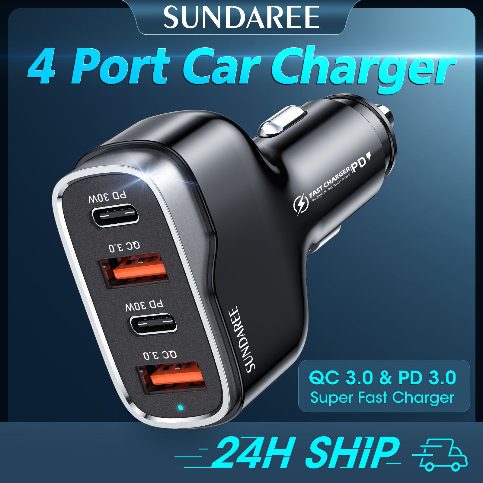 60W car charger, fast charging, dual PD30W+dual QC3.018W car charger, USB car charger.