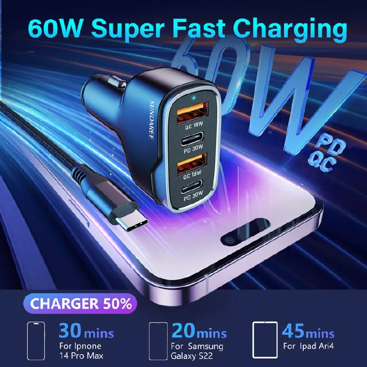 60W car charger, fast charging, dual PD30W+dual QC3.018W car charger, USB car charger.