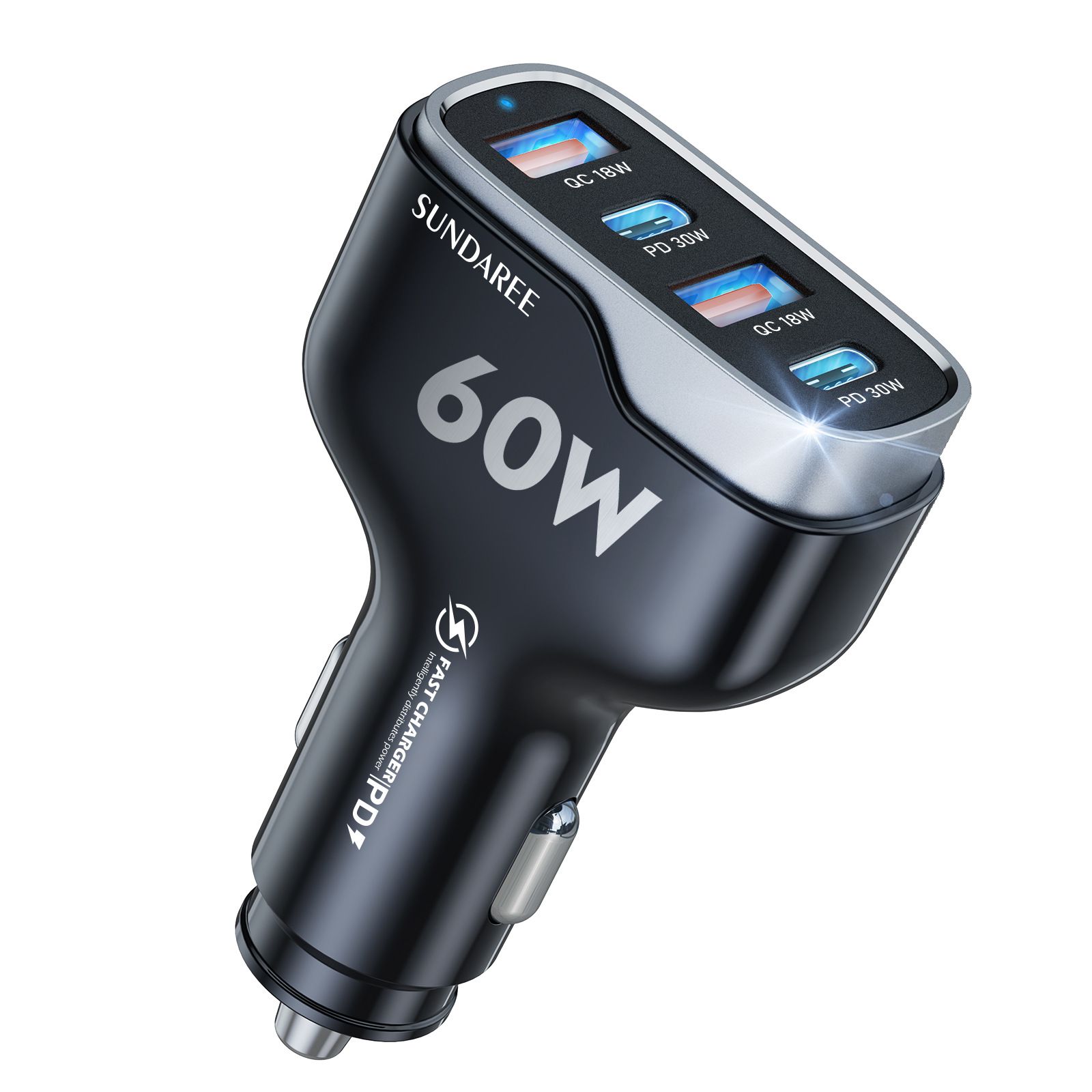 60W car charger, fast charging, dual PD30W+dual QC3.018W car charger, USB car charger.