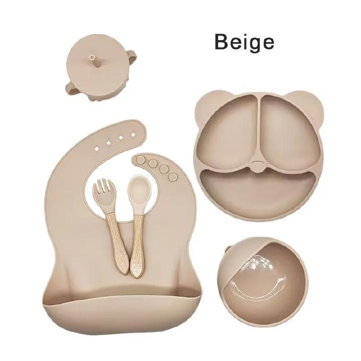 6PCS Silicone Baby Feeding Set, Baby Led Weaning Supplies with Suction Bowl Divided Plate, Toddler Self Feeding Dish Set with Spoons Forks Sippy Cup Adjustable Bib, Baby Eating Utensils Baby Bowl Plat