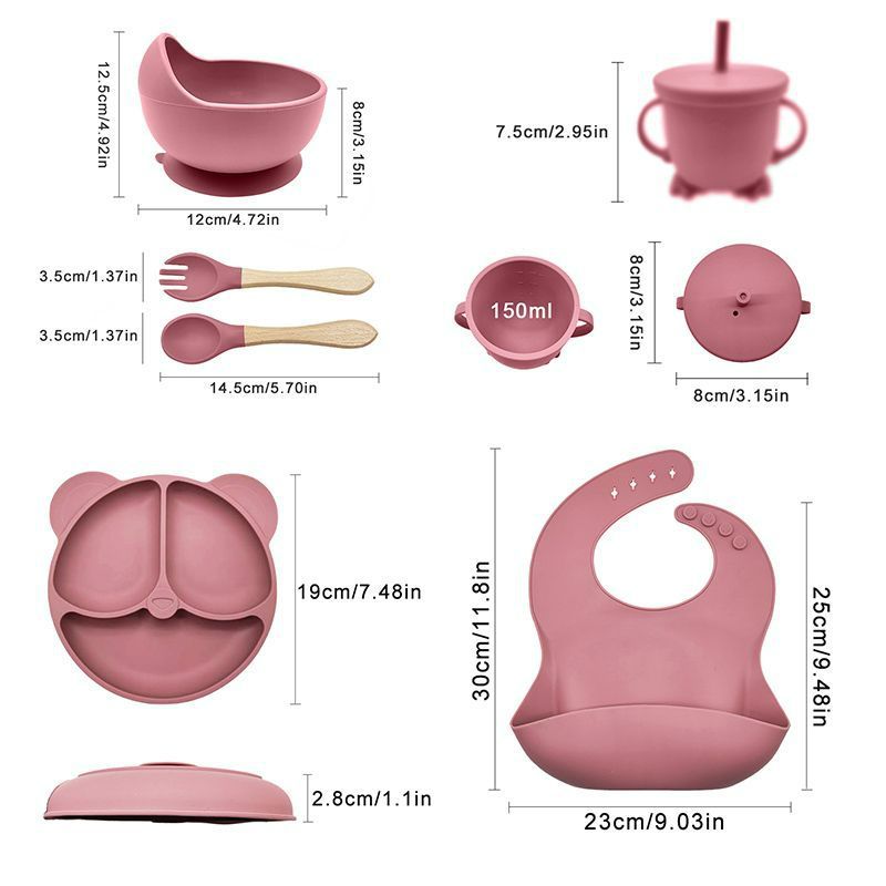 6PCS Silicone Baby Feeding Set, Baby Led Weaning Supplies with Suction Bowl Divided Plate, Toddler Self Feeding Dish Set with Spoons Forks Sippy Cup Adjustable Bib, Baby Eating Utensils Baby Bowl Plat