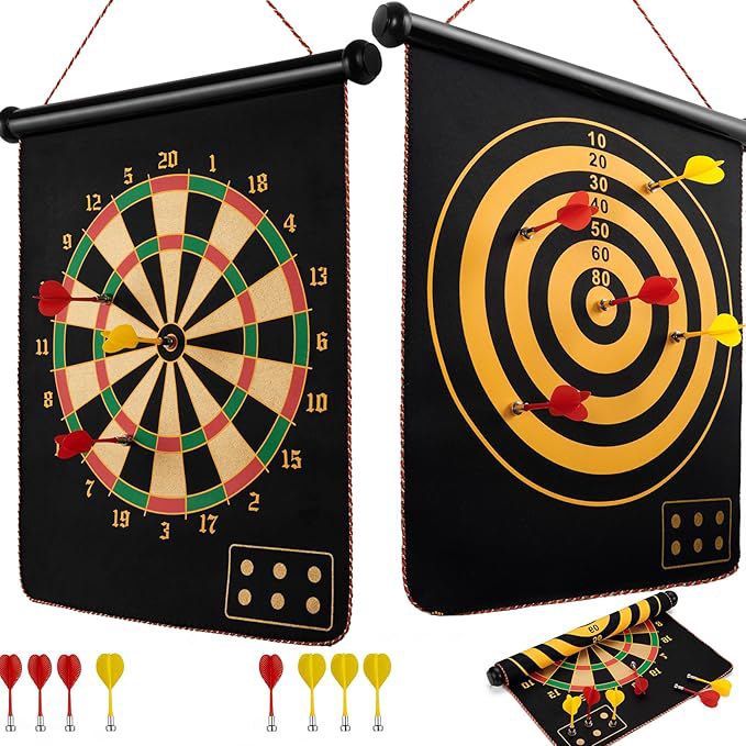 12in Magnetic Dart Board, Indoor Outdoor Dart Games for Kids with 8pcs Magnetic Darts, Safety Toy Games, Rollup Double Sided Board Game Set for Gifts