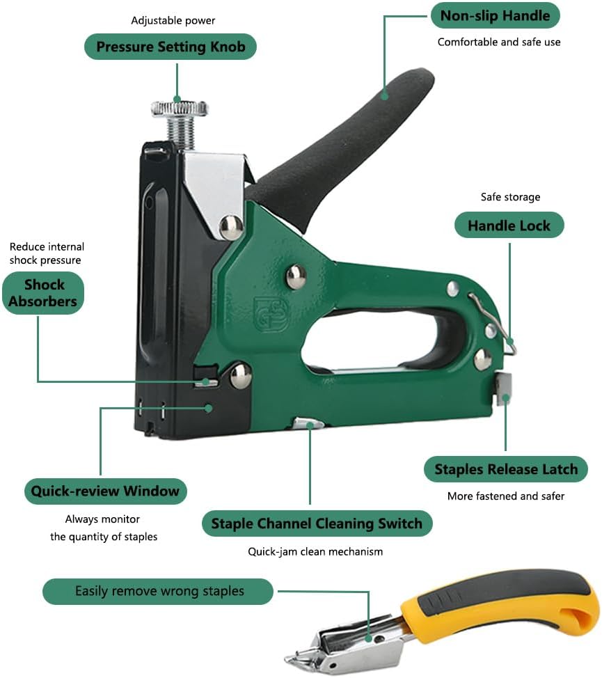 4 in1 Staple Gun Heavy Duty,Upholstery Manual Brad Nailer Power Adjustment Stapler Gun for Wood,Crafts,Carpentry,Decoration DIY (Stapler Gun+800pcs nail+staple remover)