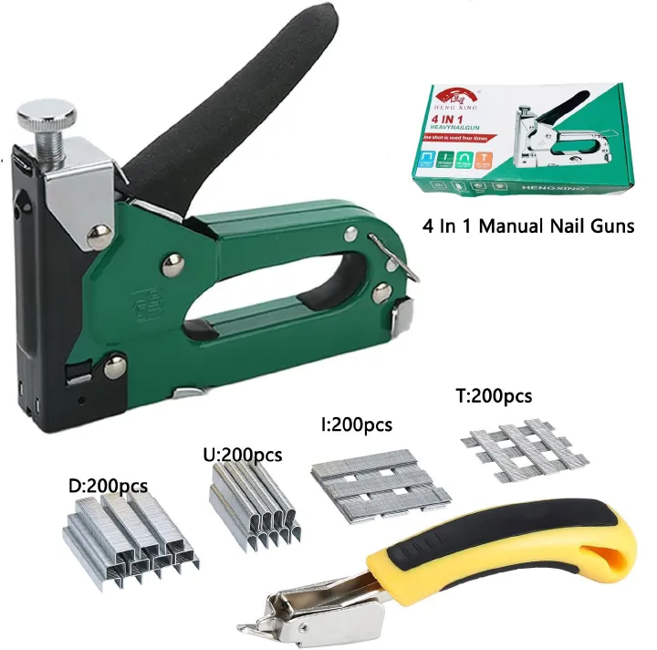 4 in1 Staple Gun Heavy Duty,Upholstery Manual Brad Nailer Power Adjustment Stapler Gun for Wood,Crafts,Carpentry,Decoration DIY (Stapler Gun+800pcs nail+staple remover)