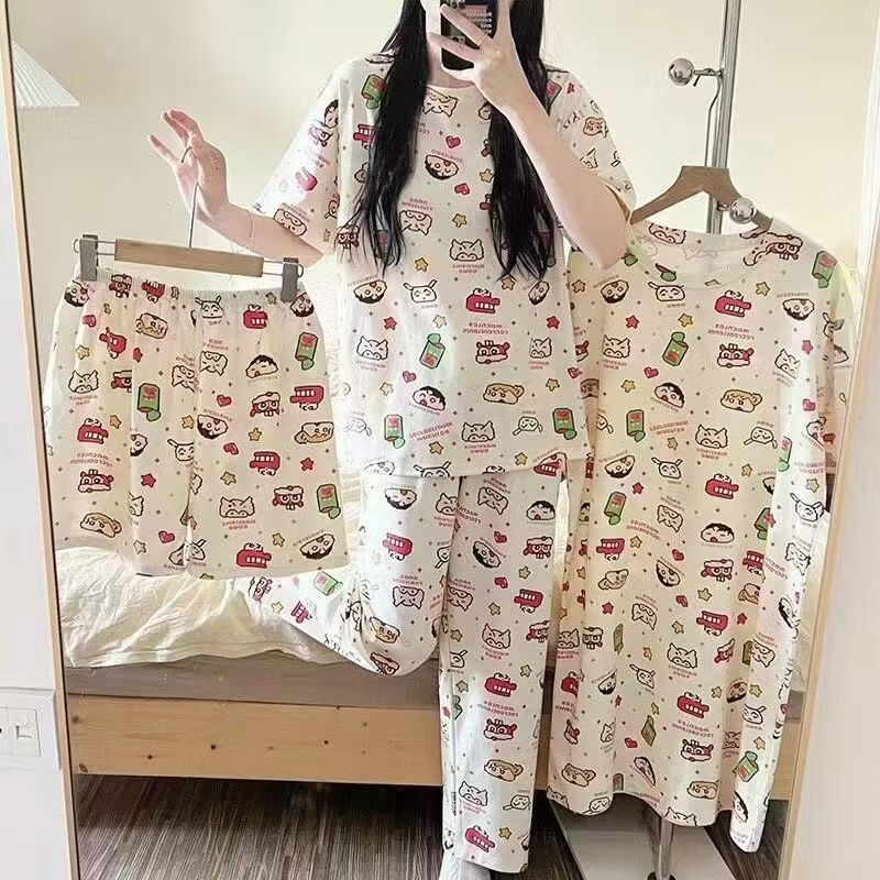 4-Piece Pajama women's summer four piece cartoon nightgown summer thin casual cute cropped pants short sleeved set home wear
